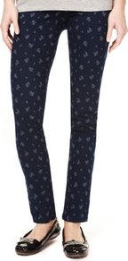 Cotton Rich Ditsy Floral Print Pull On Denim Jeggings - waist detail: elasticated waist; waist: mid/regular rise; predominant colour: navy; occasions: casual; length: ankle length; fibres: cotton - stretch; texture group: jersey - clingy; fit: skinny/tight leg; pattern type: fabric; pattern size: small & busy; pattern: florals; style: standard