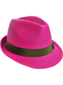 Panama Johnny - predominant colour: hot pink; secondary colour: khaki; occasions: casual, holiday; type of pattern: standard; style: trilby; size: standard; material: macrame/raffia/straw; embellishment: ribbon; pattern: plain