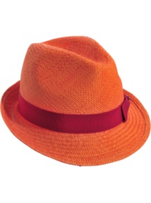Panama Johnny - secondary colour: hot pink; predominant colour: bright orange; occasions: casual, holiday; type of pattern: standard; style: trilby; size: standard; material: macrame/raffia/straw; embellishment: ribbon; pattern: plain