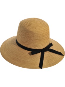 Pamela Brimmed Hat - predominant colour: camel; secondary colour: black; occasions: casual, holiday; type of pattern: standard; style: wide brimmed; size: standard; material: macrame/raffia/straw; embellishment: ribbon; pattern: plain