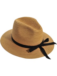 Large Hat - predominant colour: camel; secondary colour: black; occasions: casual, holiday; type of pattern: standard; style: panama; size: standard; material: macrame/raffia/straw; embellishment: ribbon; pattern: plain