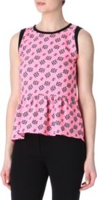 Exquise Top - sleeve style: sleeveless; waist detail: peplum waist detail; predominant colour: pink; secondary colour: black; occasions: casual, work, holiday; length: standard; style: top; fibres: polyester/polyamide - stretch; fit: body skimming; neckline: crew; sleeve length: sleeveless; pattern type: fabric; pattern size: small & busy; pattern: patterned/print; texture group: jersey - stretchy/drapey