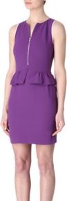 Ravageuse Dress - style: shift; length: mid thigh; neckline: v-neck; fit: tailored/fitted; pattern: plain; sleeve style: sleeveless; waist detail: peplum waist detail; bust detail: buttons at bust (in middle at breastbone)/zip detail at bust; predominant colour: purple; occasions: evening, occasion; fibres: polyester/polyamide - 100%; sleeve length: sleeveless; texture group: crepes; pattern type: fabric