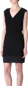 Reciproque Dress - length: mid thigh; neckline: low v-neck; sleeve style: capped; fit: fitted at waist; pattern: plain; style: blouson; waist detail: elasticated waist; predominant colour: black; occasions: casual, evening; fibres: viscose/rayon - stretch; sleeve length: sleeveless; texture group: crepes; pattern type: fabric