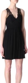 Rubis Dress - length: mid thigh; neckline: low v-neck; pattern: plain; sleeve style: sleeveless; shoulder detail: contrast pattern/fabric at shoulder; predominant colour: black; occasions: evening, occasion; fit: fitted at waist & bust; style: fit & flare; hip detail: soft pleats at hip/draping at hip/flared at hip; sleeve length: sleeveless; pattern type: fabric; texture group: jersey - stretchy/drapey; fibres: viscose/rayon - mix; embellishment: lace