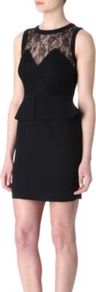 Respect Dress - style: shift; length: mid thigh; fit: tailored/fitted; pattern: plain; sleeve style: sleeveless; shoulder detail: contrast pattern/fabric at shoulder; waist detail: peplum waist detail; predominant colour: black; occasions: evening, occasion; fibres: polyester/polyamide - 100%; neckline: crew; sleeve length: sleeveless; texture group: crepes; pattern type: fabric; embellishment: lace