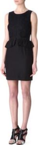 Reception Dress - style: shift; length: mid thigh; neckline: round neck; fit: tailored/fitted; pattern: plain; sleeve style: sleeveless; waist detail: peplum waist detail; predominant colour: black; occasions: evening; fibres: linen - mix; sleeve length: sleeveless; texture group: crepes; pattern type: fabric