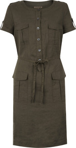 Linen Shirt Dress - style: shirt; neckline: round neck; fit: tailored/fitted; pattern: plain; hip detail: front pockets at hip; bust detail: pocket detail at bust; waist detail: belted waist/tie at waist/drawstring; predominant colour: chocolate brown; occasions: casual, holiday; length: just above the knee; fibres: linen - 100%; sleeve length: short sleeve; sleeve style: standard; texture group: linen; pattern type: fabric