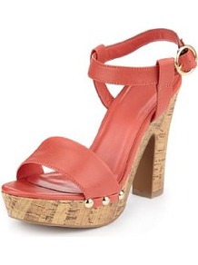 Limited Collection Studded Platform Sandals - predominant colour: coral; occasions: casual, holiday; material: faux leather; heel height: high; embellishment: studs; ankle detail: ankle strap; heel: block; toe: open toe/peeptoe; style: standard; finish: plain; pattern: plain