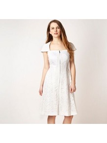 White Lace Panel Dress - sleeve style: capped; pattern: plain; waist detail: fitted waist; predominant colour: white; occasions: casual, occasion; length: on the knee; fit: fitted at waist & bust; style: fit & flare; fibres: polyester/polyamide - stretch; sleeve length: short sleeve; texture group: lace; neckline: low square neck; pattern type: fabric