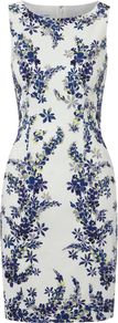 Women's Lupin Print Dress, Multi Coloured - style: shift; neckline: round neck; sleeve style: sleeveless; predominant colour: white; secondary colour: navy; occasions: evening, occasion; length: just above the knee; fit: body skimming; fibres: cotton - stretch; sleeve length: sleeveless; texture group: jersey - clingy; trends: high impact florals, glamorous day shifts; pattern type: fabric; pattern size: big & light; pattern: florals