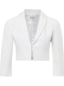 Women's Dorset Jacket, White - pattern: plain; style: single breasted blazer; bust detail: added detail/embellishment at bust; length: cropped; collar: standard lapel/rever collar; predominant colour: white; occasions: evening, occasion, holiday; fit: tailored/fitted; fibres: cotton - mix; sleeve length: 3/4 length; sleeve style: standard; texture group: cotton feel fabrics; collar break: medium; pattern type: fabric