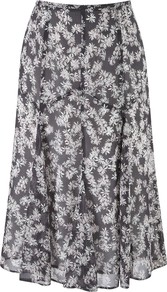 Daisy Print Graphic Skirt, Pewter - length: below the knee; fit: body skimming; waist: mid/regular rise; predominant colour: charcoal; occasions: casual, evening, work; style: fit & flare; fibres: polyester/polyamide - 100%; hip detail: sculpting darts/pleats/seams at hip; texture group: sheer fabrics/chiffon/organza etc.; pattern type: fabric; pattern size: small & busy; pattern: patterned/print