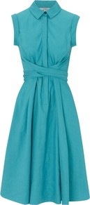 Gables Dress, Peacock - length: below the knee; neckline: shirt collar/peter pan/zip with opening; pattern: plain; sleeve style: sleeveless; waist detail: fitted waist; predominant colour: teal; occasions: casual; fit: fitted at waist & bust; style: fit & flare; fibres: linen - mix; hip detail: structured pleats at hip; sleeve length: sleeveless; texture group: cotton feel fabrics; pattern type: fabric