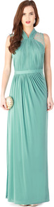 Caprice Jersey Maxi Dress - pattern: plain; sleeve style: sleeveless; style: maxi dress; waist detail: fitted waist; neckline: halter neck; predominant colour: mint green; length: floor length; fit: body skimming; fibres: polyester/polyamide - 100%; occasions: occasion; hip detail: soft pleats at hip/draping at hip/flared at hip; sleeve length: sleeveless; texture group: silky - light; bust detail: tiers/frills/bulky drapes/pleats; pattern type: fabric