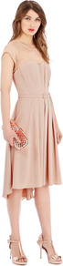 Felicity Dress - length: below the knee; sleeve style: capped; pattern: plain; bust detail: sheer at bust; waist detail: belted waist/tie at waist/drawstring; predominant colour: nude; secondary colour: nude; occasions: evening, occasion; fit: fitted at waist & bust; style: asymmetric (hem); fibres: polyester/polyamide - 100%; neckline: crew; back detail: sheer fabric at back; sleeve length: short sleeve; pattern type: fabric; texture group: other - clingy