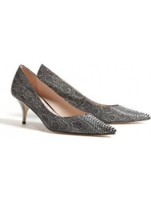 Peony Snake Print Mid Heel Shoes - predominant colour: charcoal; occasions: evening, work; material: leather; heel height: mid; heel: kitten; toe: pointed toe; style: courts; finish: plain; pattern: animal print
