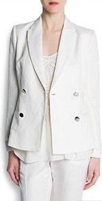 Double Breasted Blazer - pattern: plain; style: double breasted blazer; collar: standard lapel/rever collar; predominant colour: white; occasions: evening, work, occasion; length: standard; fit: tailored/fitted; fibres: linen - mix; back detail: back vent/flap at back; sleeve length: long sleeve; sleeve style: standard; texture group: linen; collar break: medium; pattern type: fabric