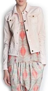 Denim Jacket - pattern: plain; style: denim; fit: slim fit; predominant colour: blush; occasions: casual; length: standard; fibres: cotton - stretch; collar: shirt collar/peter pan/zip with opening; sleeve length: long sleeve; sleeve style: standard; texture group: denim; collar break: high/illusion of break when open; pattern type: fabric