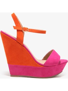 Colorblocked Wedge Sandals - predominant colour: bright orange; occasions: evening, holiday; material: faux leather; heel height: high; ankle detail: ankle strap; heel: wedge; toe: open toe/peeptoe; style: strappy; trends: fluorescent; finish: plain; pattern: colourblock