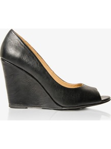 Peep Toe Wedges - predominant colour: black; occasions: casual, evening, work; material: faux leather; heel height: high; heel: wedge; toe: open toe/peeptoe; style: courts; finish: plain; pattern: plain
