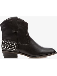 Stud Accented Western Booties - predominant colour: black; occasions: casual, work; material: faux leather; heel height: mid; embellishment: studs; heel: block; toe: pointed toe; boot length: ankle boot; style: cowboy; finish: plain; pattern: plain