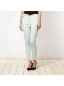 Designer Light Green Belted Skinny Jeans - style: skinny leg; pattern: plain; pocket detail: traditional 5 pocket; waist: mid/regular rise; predominant colour: pistachio; occasions: casual; length: ankle length; fibres: linen - mix; texture group: denim; pattern type: fabric; pattern size: standard