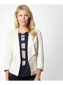 Designer Beige Linen Jacket - pattern: plain; style: single breasted blazer; collar: standard lapel/rever collar; back detail: contrast pattern/fabric at back; predominant colour: ivory; occasions: casual, evening, work, occasion, holiday; length: standard; fit: tailored/fitted; fibres: linen - mix; waist detail: fitted waist; sleeve length: long sleeve; sleeve style: standard; texture group: cotton feel fabrics; collar break: medium; pattern type: fabric; pattern size: standard