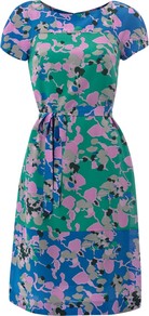 Tina Dress, Royal Green - style: shift; neckline: round neck; sleeve style: capped; fit: fitted at waist; waist detail: fitted waist; secondary colour: diva blue; predominant colour: emerald green; occasions: evening, work; length: just above the knee; fibres: silk - 100%; sleeve length: short sleeve; texture group: silky - light; pattern type: fabric; pattern size: small & busy; pattern: patterned/print