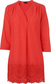 Broderie Hem Kaftan Top, Pink - pattern: plain; length: below the bottom; style: tunic; predominant colour: coral; occasions: casual, holiday; neckline: mandarin with v-neck; fibres: cotton - 100%; fit: loose; sleeve length: 3/4 length; sleeve style: standard; texture group: cotton feel fabrics; pattern type: fabric; embellishment: embroidered