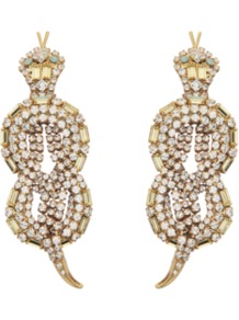 Crystal Snake Earrings - predominant colour: gold; occasions: evening, occasion; style: drop; length: long; size: large/oversized; material: chain/metal; fastening: clip on; finish: metallic; embellishment: crystals