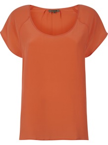 Summer Silk T Shirt - pattern: plain; length: below the bottom; style: t-shirt; predominant colour: bright orange; occasions: casual, evening, work, holiday; neckline: scoop; fibres: silk - 100%; fit: straight cut; shoulder detail: structured/bulky pleats/bulky detail at shoulder; back detail: longer hem at back than at front; sleeve length: short sleeve; sleeve style: standard; texture group: silky - light; pattern type: fabric