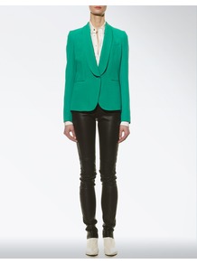 Double Silk Waltz Jacket - pattern: plain; style: single breasted blazer; collar: shawl/waterfall; predominant colour: emerald green; occasions: evening, work, occasion; length: standard; fit: tailored/fitted; fibres: silk - 100%; sleeve length: long sleeve; sleeve style: standard; trends: tuxedo; collar break: medium; pattern type: fabric; texture group: woven light midweight