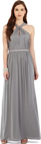 Claudia Jersey Maxi Dress - fit: fitted at waist; pattern: plain; sleeve style: sleeveless; style: maxi dress; waist detail: fitted waist; neckline: halter neck; back detail: low cut/open back; predominant colour: mid grey; occasions: evening, occasion; length: floor length; fibres: polyester/polyamide - stretch; hip detail: soft pleats at hip/draping at hip/flared at hip; sleeve length: sleeveless; texture group: sheer fabrics/chiffon/organza etc.; bust detail: tiers/frills/bulky drapes/pleats; pattern type: fabric