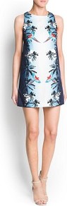 Tropical Print Dress - style: shift; length: mid thigh; sleeve style: sleeveless; predominant colour: white; secondary colour: navy; occasions: evening, occasion, holiday; fit: straight cut; fibres: cotton - stretch; neckline: crew; sleeve length: sleeveless; texture group: cotton feel fabrics; pattern type: fabric; pattern size: big & busy; pattern: patterned/print