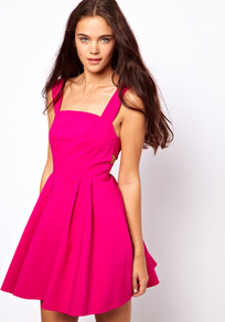 Structured Strap Back Dress In Bengaline - length: mid thigh; neckline: low v-neck; pattern: plain; sleeve style: sleeveless; waist detail: fitted waist; back detail: low cut/open back; predominant colour: hot pink; occasions: evening, occasion; fit: fitted at waist & bust; style: fit & flare; fibres: viscose/rayon - stretch; sleeve length: sleeveless; trends: fluorescent, volume; pattern type: fabric; texture group: other - light to midweight