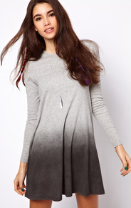 Swing Dress With Dip Dye Hem - style: a-line; length: mid thigh; fit: loose; pattern: tie dye; secondary colour: charcoal; predominant colour: mid grey; occasions: casual, evening; fibres: cotton - 100%; neckline: crew; sleeve length: long sleeve; sleeve style: standard; pattern type: fabric; pattern size: standard; texture group: jersey - stretchy/drapey