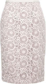 Coleta Skirt - style: pencil; fit: body skimming; waist: high rise; predominant colour: ivory; occasions: evening, work, occasion; length: just above the knee; fibres: polyester/polyamide - 100%; texture group: lace; pattern type: fabric; pattern size: big & busy; pattern: patterned/print; embellishment: lace