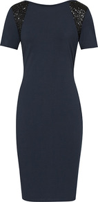 Amber Sequin Back Dress - style: shift; neckline: round neck; fit: tailored/fitted; pattern: plain; waist detail: fitted waist; shoulder detail: contrast pattern/fabric at shoulder; predominant colour: navy; secondary colour: black; occasions: evening, occasion; length: just above the knee; fibres: cotton - stretch; hip detail: sculpting darts/pleats/seams at hip; back detail: embellishment at back; sleeve length: short sleeve; sleeve style: standard; texture group: crepes; trends: metallics; pattern type: fabric; pattern size: standard; embellishment: sequins