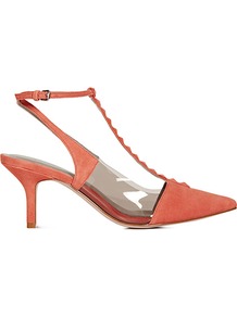 Henriette Pyramid Stud Kitten Heel Slingbacks - predominant colour: coral; occasions: evening, work, occasion, holiday; material: suede; heel height: mid; embellishment: studs; ankle detail: ankle strap; heel: kitten; toe: pointed toe; style: slingbacks; finish: plain; pattern: plain