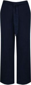 Navy Linen Trousers - length: standard; pattern: plain; waist detail: belted waist/tie at waist/drawstring; waist: mid/regular rise; predominant colour: navy; occasions: casual, evening, work; fibres: linen - mix; texture group: linen; fit: wide leg; pattern type: fabric; style: standard