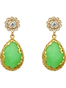 Malay Jade Teardrop Earrings, Green - predominant colour: mint green; occasions: evening, occasion; style: drop; length: mid; size: standard; material: chain/metal; fastening: pierced; finish: metallic; embellishment: jewels