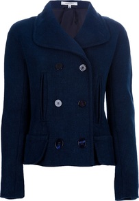 Braided Jacket - pattern: plain; style: double breasted blazer; collar: standard lapel/rever collar; predominant colour: navy; occasions: casual, work; length: standard; fit: tailored/fitted; back detail: back vent/flap at back; sleeve length: long sleeve; sleeve style: standard; collar break: medium; pattern type: fabric; texture group: other - bulky/heavy; fibres: viscose/rayon - mix
