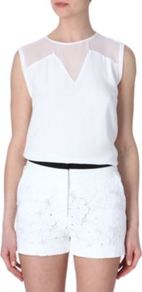Exclu Top - pattern: plain; sleeve style: sleeveless; shoulder detail: contrast pattern/fabric at shoulder; predominant colour: white; occasions: casual, evening, occasion; length: standard; style: top; fit: body skimming; neckline: crew; back detail: keyhole/peephole detail at back; sleeve length: sleeveless; texture group: sheer fabrics/chiffon/organza etc.; pattern type: fabric; fibres: viscose/rayon - mix