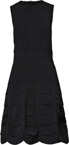 Scallop Knit Fitted Dress - pattern: plain; sleeve style: sleeveless; style: full skirt; waist detail: fitted waist; predominant colour: black; occasions: evening, work, occasion; length: just above the knee; fit: fitted at waist & bust; fibres: viscose/rayon - stretch; neckline: crew; sleeve length: sleeveless; texture group: crepes; trends: glamorous day shifts; hip detail: ruffles/tiers/tie detail at hip; pattern type: fabric
