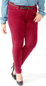 Corduroy Skinnies - style: skinny leg; length: standard; pattern: plain; pocket detail: traditional 5 pocket; waist: mid/regular rise; predominant colour: true red; occasions: casual, evening; fibres: cotton - stretch; texture group: corduroy; pattern type: fabric; pattern size: standard