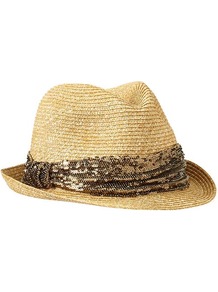 Sequin Straw Fedora - predominant colour: camel; secondary colour: bronze; occasions: casual, holiday; type of pattern: standard; style: fedora; size: standard; material: macrame/raffia/straw; embellishment: sequins; pattern: animal print; trends: metallics