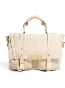 Leather Satchel Bag With Metal Tips - predominant colour: ivory; secondary colour: gold; occasions: casual, work, holiday; type of pattern: standard; style: satchel; length: handle; size: standard; material: leather; pattern: plain; finish: plain; embellishment: chain/metal