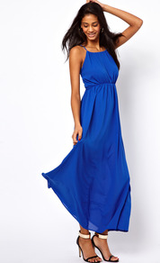 Maxi Dress With Keyhole Detail - sleeve style: spaghetti straps; fit: empire; pattern: plain; style: maxi dress; predominant colour: royal blue; occasions: casual, evening, holiday; length: floor length; neckline: peep hole neckline; fibres: polyester/polyamide - 100%; back detail: keyhole/peephole detail at back; sleeve length: sleeveless; pattern type: fabric; texture group: other - light to midweight