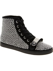 Drama Studded High Top Trainers - predominant colour: black; occasions: casual, evening, work, holiday; material: fabric; heel height: flat; embellishment: studs; ankle detail: ankle tie; toe: round toe; style: trainers; trends: metallics; finish: plain; pattern: plain